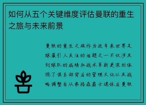 如何从五个关键维度评估曼联的重生之旅与未来前景