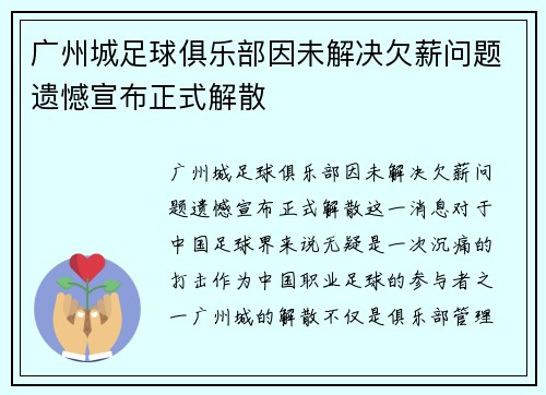广州城足球俱乐部因未解决欠薪问题遗憾宣布正式解散