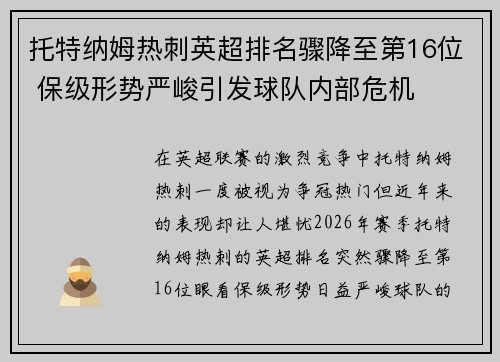 托特纳姆热刺英超排名骤降至第16位 保级形势严峻引发球队内部危机
